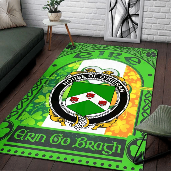 Ireland Area Rug - House of O'KIERAN Family Crest Area Rug - Irish Shamrock With Ireland Flag