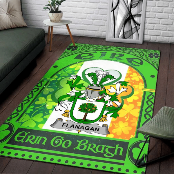 Ireland Area Rug - Flanagan or O'Flanagan Family Crest Area Rug - Irish Shamrock With Ireland Flag