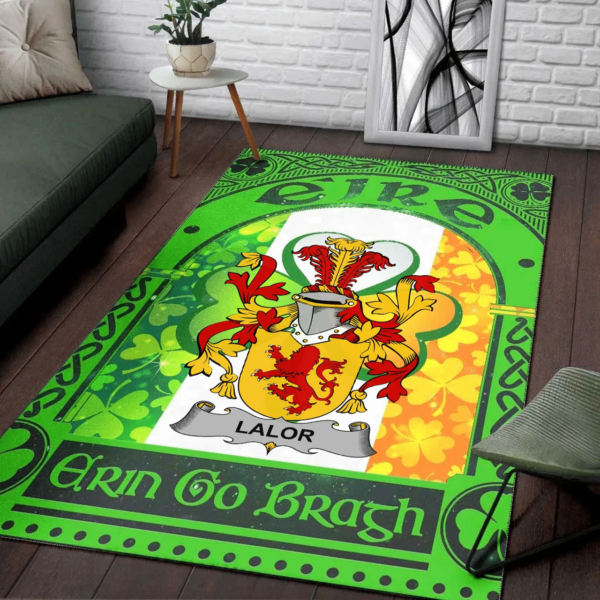 Ireland Area Rug - Lalor or O'Lawlor Family Crest Area Rug - Irish Shamrock With Ireland Flag