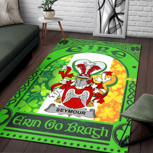 Ireland Area Rug - Seymour Family Crest Area Rug - Irish Shamrock With Ireland Flag