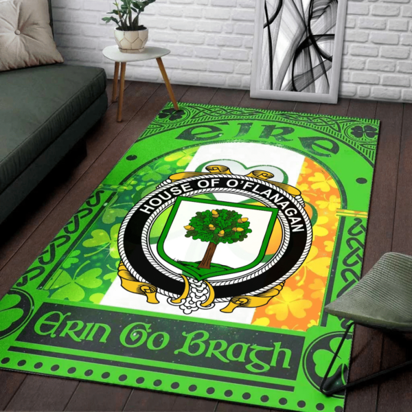 Ireland Area Rug - House of O'FLANAGAN Family Crest Area Rug - Irish Shamrock With Ireland Flag