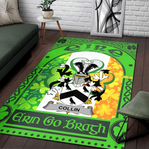 Ireland Area Rug - Collin Family Crest Area Rug - Irish Shamrock With Ireland Flag