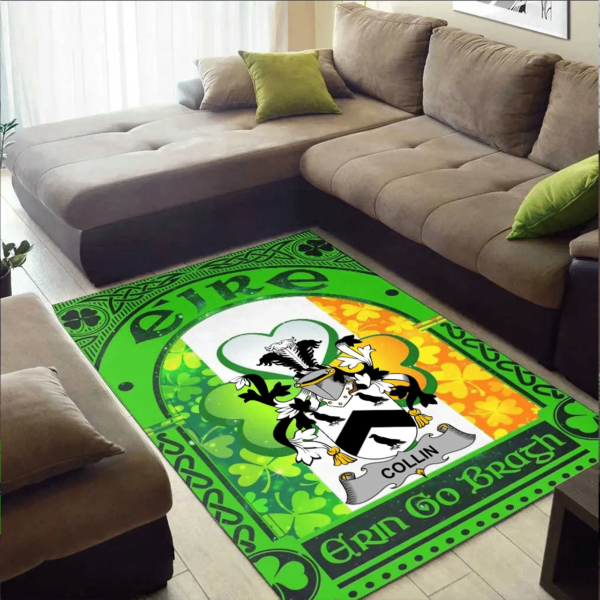 Ireland Area Rug - Collin Family Crest Area Rug - Irish Shamrock With Ireland Flag - Image 2