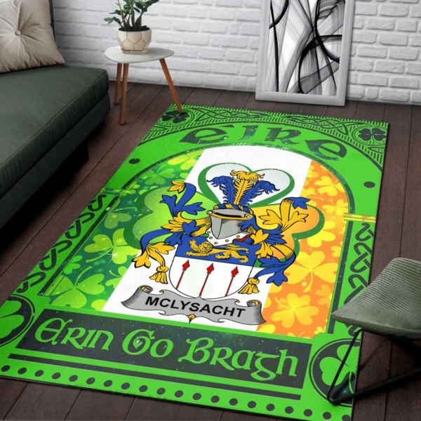 Ireland Area Rug - McLysacht or Lysacht Family Crest Area Rug - Irish Shamrock With Ireland Flag