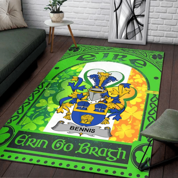 Ireland Area Rug - Bennis Family Crest Area Rug - Irish Shamrock With Ireland Flag