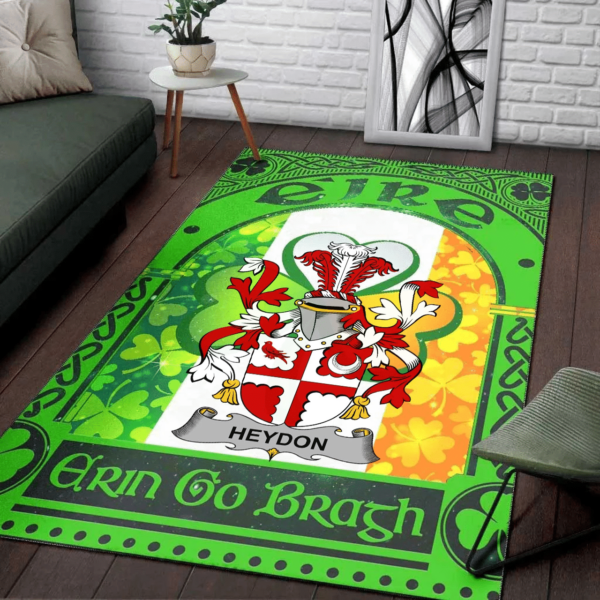 Ireland Area Rug - Heydon Family Crest Area Rug - Irish Shamrock With Ireland Flag