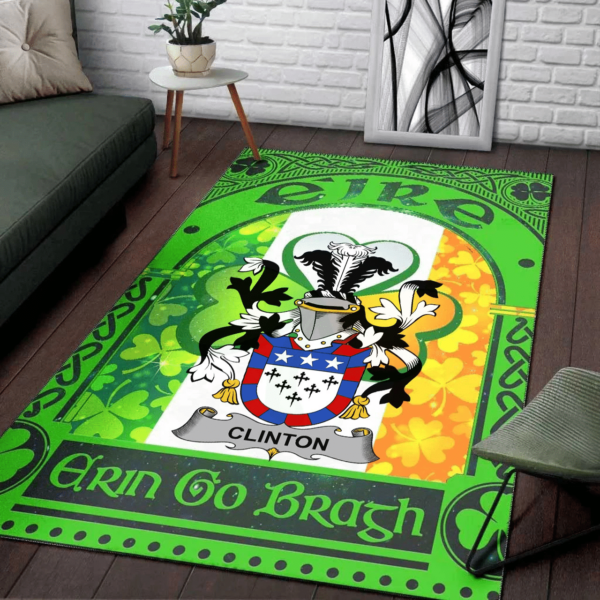 Ireland Area Rug - Clinton Family Crest Area Rug - Irish Shamrock With Ireland Flag