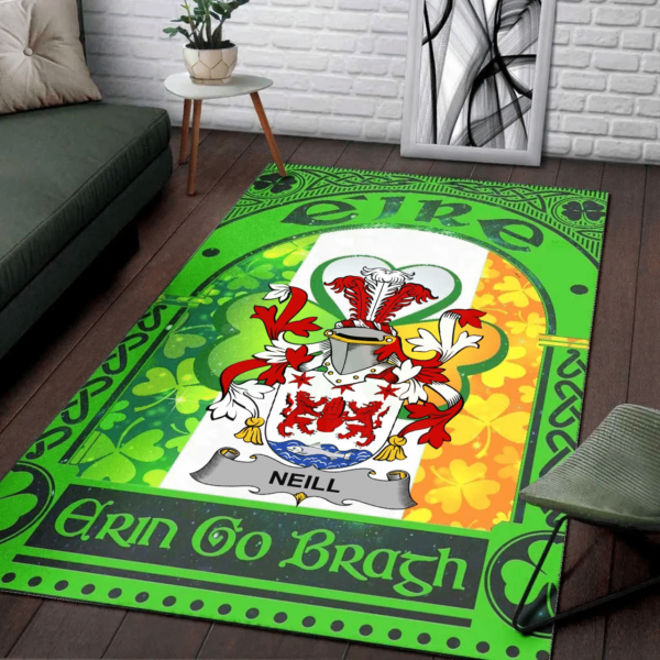 Ireland Area Rug - Neill or O'Neill Family Crest Area Rug - Irish Shamrock With Ireland Flag