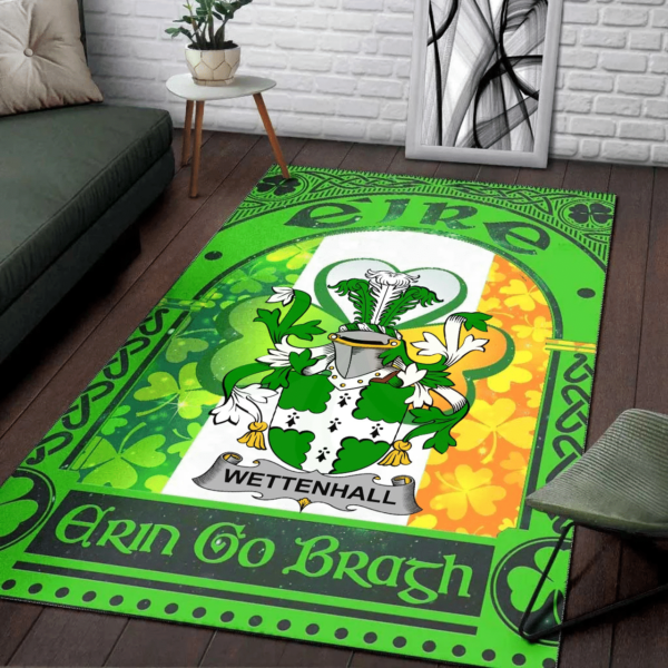 Ireland Area Rug - Wettenhall Family Crest Area Rug - Irish Shamrock With Ireland Flag