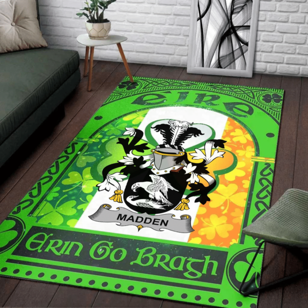 Ireland Area Rug - Madden or O'Madden Family Crest Area Rug - Irish Shamrock With Ireland Flag