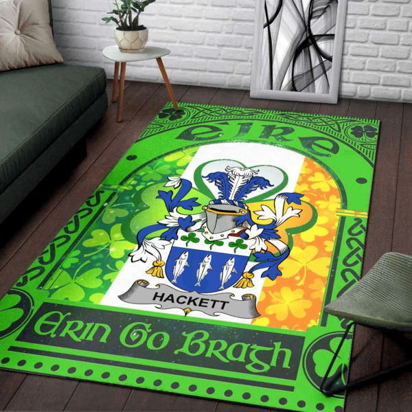 Ireland Area Rug - Hackett Family Crest Area Rug - Irish Shamrock With Ireland Flag