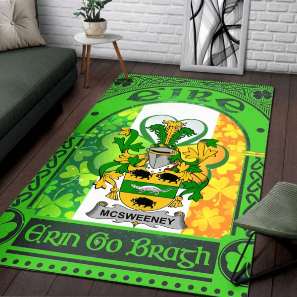 Ireland Area Rug - McSweeney Family Crest Area Rug - Irish Shamrock With Ireland Flag