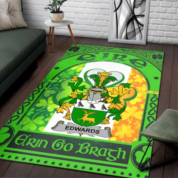 Ireland Area Rug - Edwards Family Crest Area Rug - Irish Shamrock With Ireland Flag