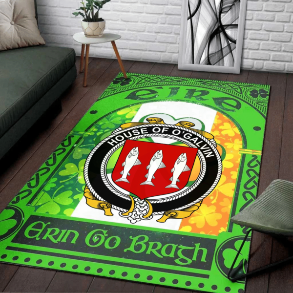 Ireland Area Rug - House of O'GALVIN Family Crest Area Rug - Irish Shamrock With Ireland Flag