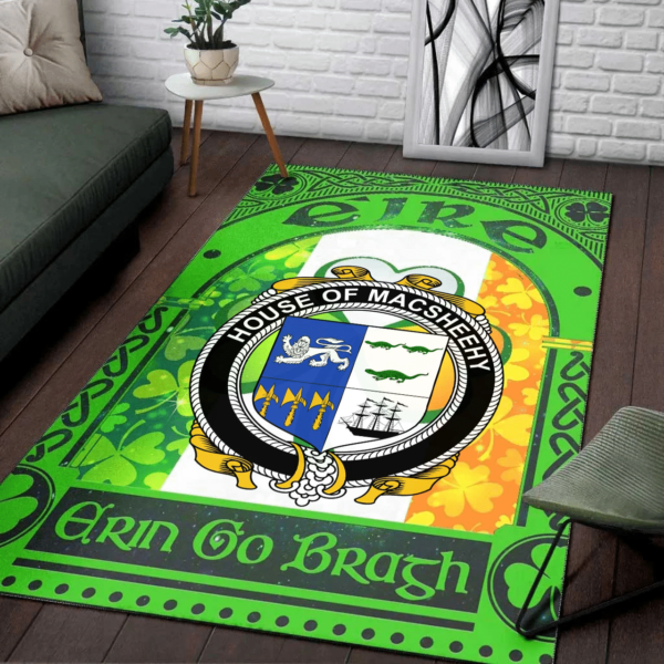 Ireland Area Rug - House of MACSHEEHY Family Crest Area Rug - Irish Shamrock With Ireland Flag