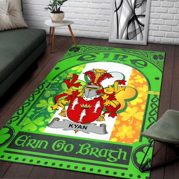 Ireland Area Rug - Kyan or O'Kyan Family Crest Area Rug - Irish Shamrock With Ireland Flag