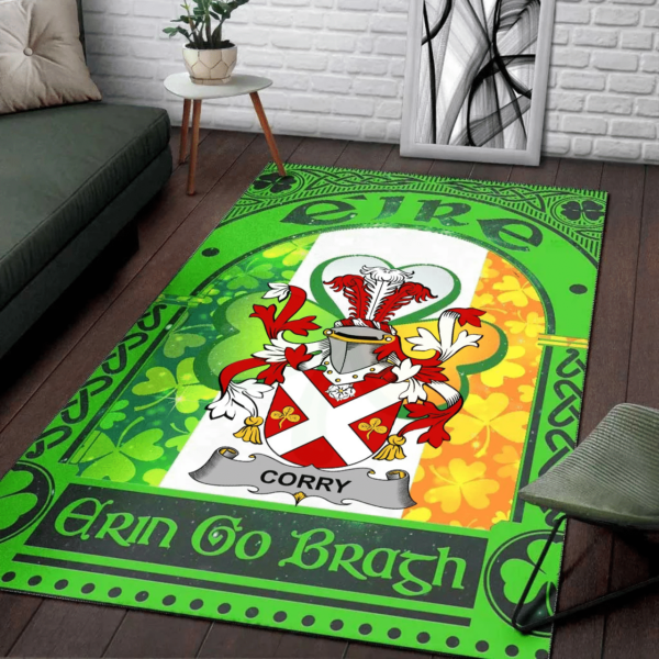 Ireland Area Rug - Corry or O'Corry Family Crest Area Rug - Irish Shamrock With Ireland Flag