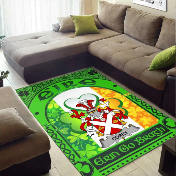 Ireland Area Rug - Corry or O'Corry Family Crest Area Rug - Irish Shamrock With Ireland Flag - Image 2