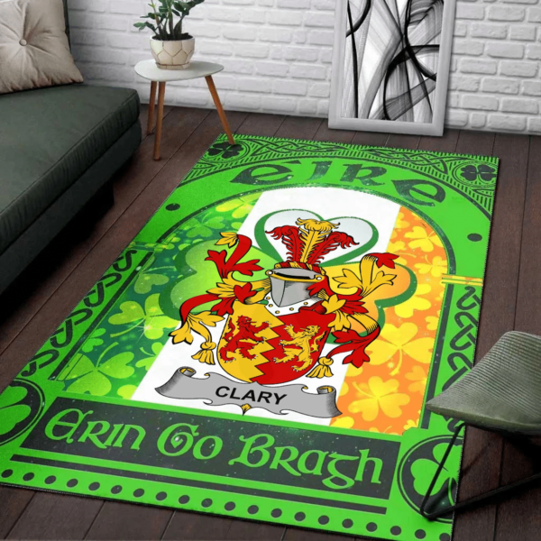 Ireland Area Rug - Clary or O'Clary. Family Crest Area Rug - Irish Shamrock With Ireland Flag