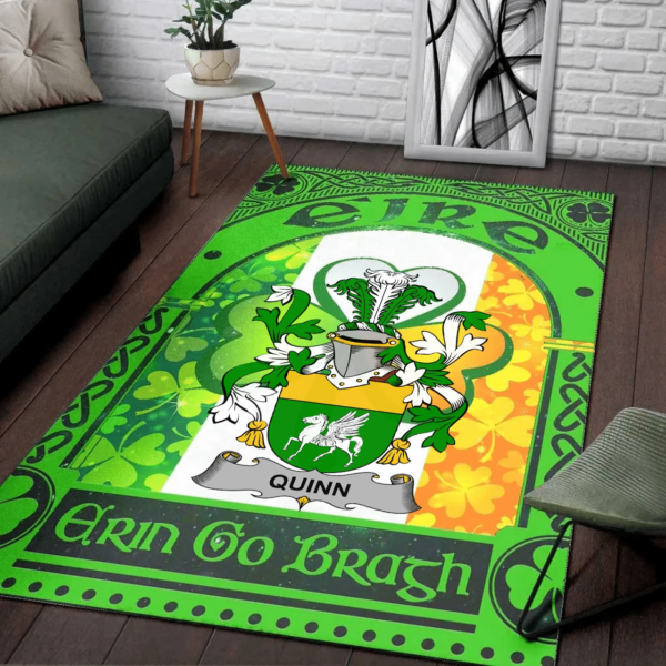 Ireland Area Rug - Quinn or O'Quin Family Crest Area Rug - Irish Shamrock With Ireland Flag