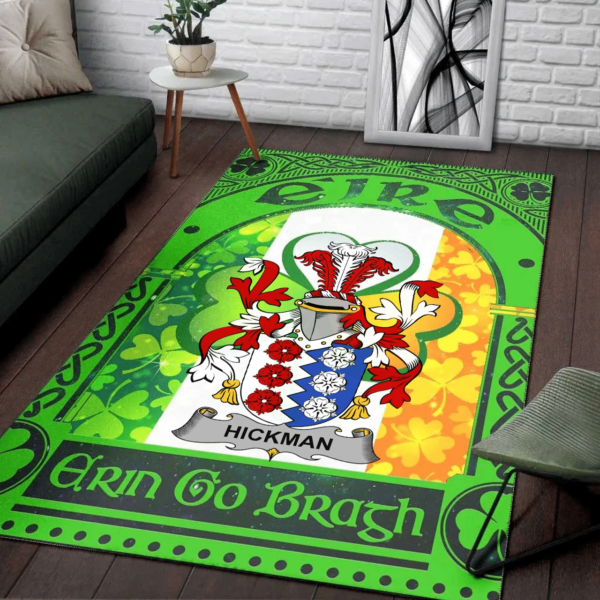 Ireland Area Rug - Hickman Family Crest Area Rug - Irish Shamrock With Ireland Flag