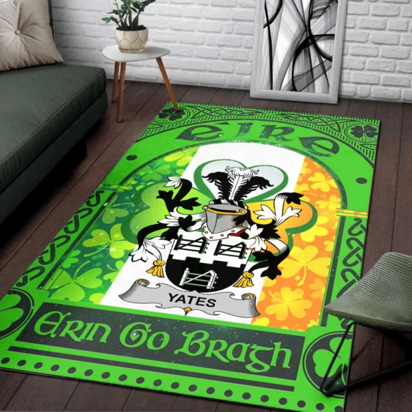 Ireland Area Rug - Yeates Family Crest Area Rug - Irish Shamrock With Ireland Flag