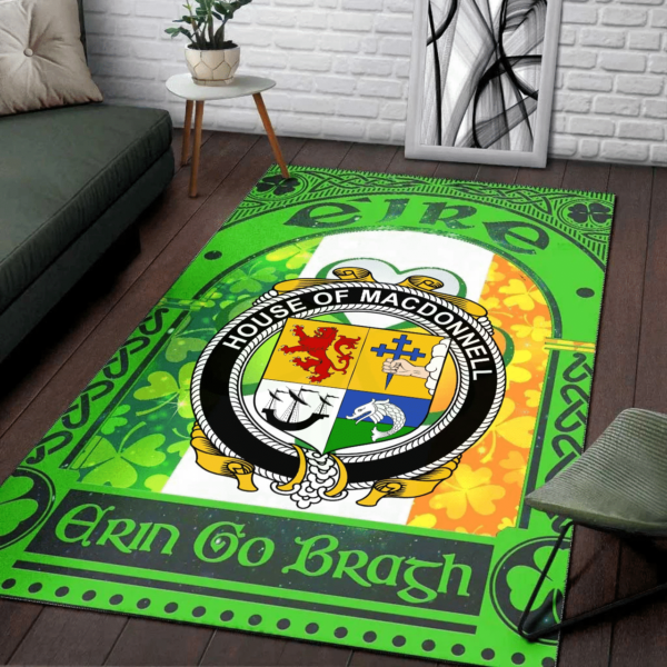 Ireland Area Rug - House of MACDONNELL (of the Glens) Family Crest Area Rug - Irish Shamrock With Ireland Flag