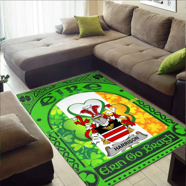 Ireland Area Rug - Harrison Family Crest Area Rug - Irish Shamrock With Ireland Flag - Image 2