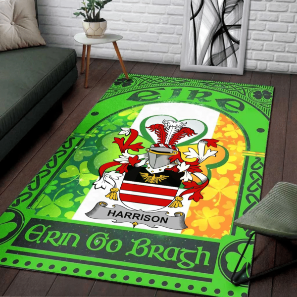 Ireland Area Rug - Harrison Family Crest Area Rug - Irish Shamrock With Ireland Flag