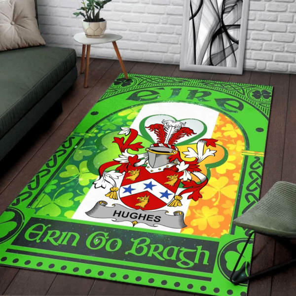 Ireland Area Rug - Hughes Family Crest Area Rug - Irish Shamrock With Ireland Flag