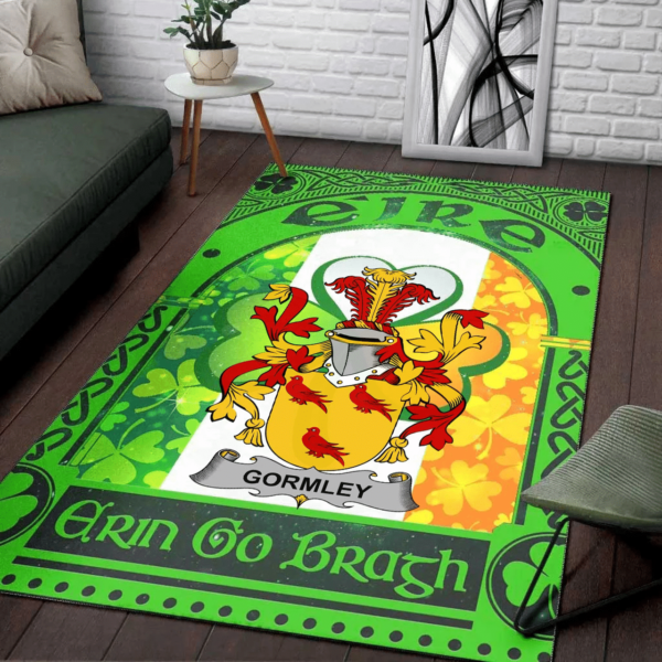 Ireland Area Rug - Gormley or O'Gormley Family Crest Area Rug - Irish Shamrock With Ireland Flag