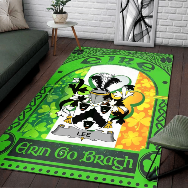 Ireland Area Rug - Lee or O'Lee Family Crest Area Rug - Irish Shamrock With Ireland Flag