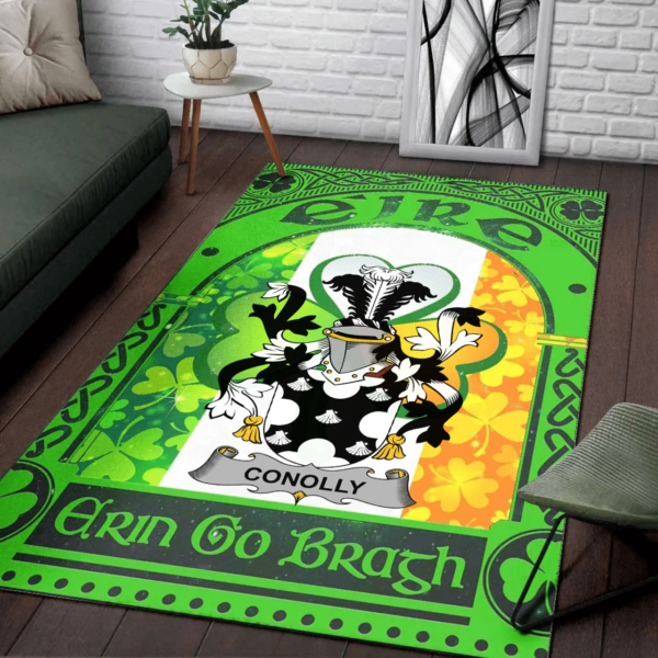 Ireland Area Rug - Conolly or O'Conolly Family Crest Area Rug - Irish Shamrock With Ireland Flag