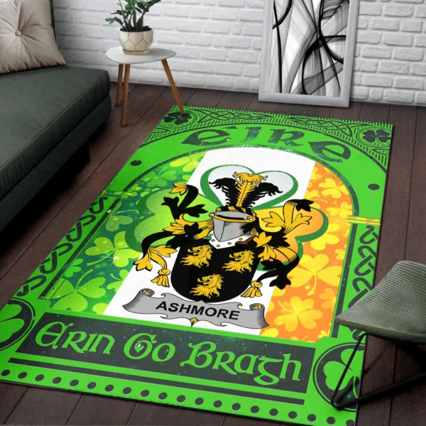 Ireland Area Rug - Ashmore Family Crest Area Rug - Irish Shamrock With Ireland Flag