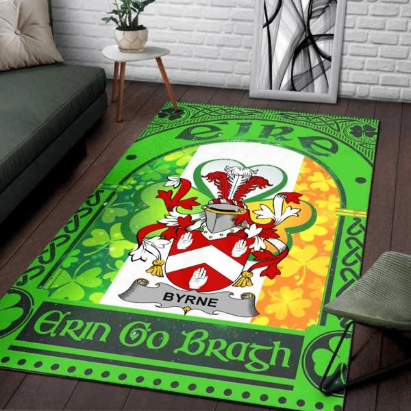 Ireland Area Rug - Byrne or O'Byrne Family Crest Area Rug - Irish Shamrock With Ireland Flag