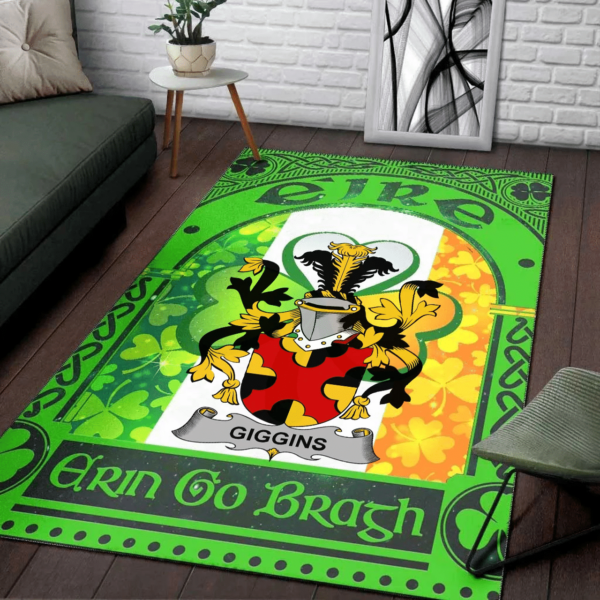 Ireland Area Rug - Giggins Family Crest Area Rug - Irish Shamrock With Ireland Flag