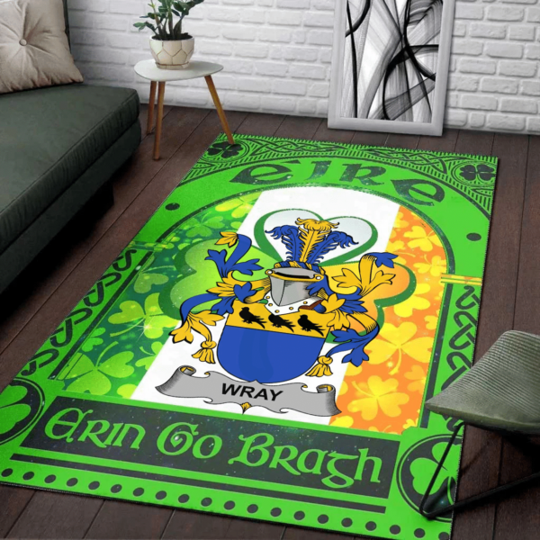 Ireland Area Rug - Wray Family Crest Area Rug - Irish Shamrock With Ireland Flag