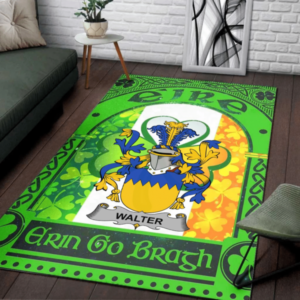 Ireland Area Rug - Walter Family Crest Area Rug - Irish Shamrock With Ireland Flag