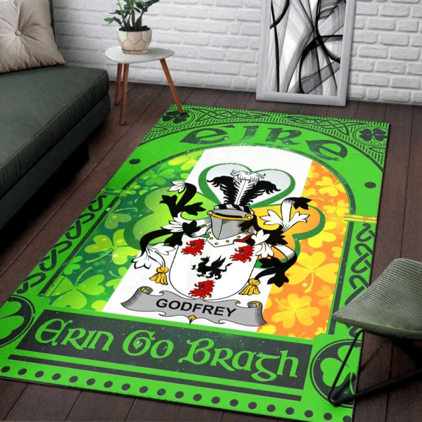 Ireland Area Rug - Godfrey (of Bushfield) Family Crest Area Rug - Irish Shamrock With Ireland Flag