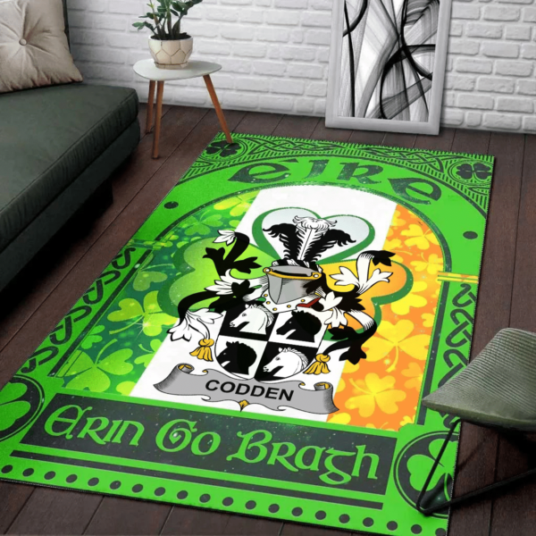 Ireland Area Rug - Codden or McCodden Family Crest Area Rug - Irish Shamrock With Ireland Flag