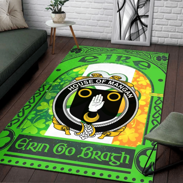 Ireland Area Rug - House of MANGAN Family Crest Area Rug - Irish Shamrock With Ireland Flag