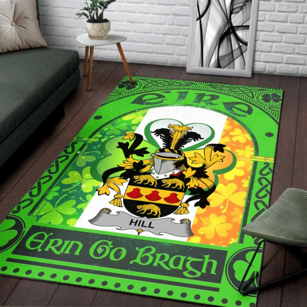 Ireland Area Rug - Hill Family Crest Area Rug - Irish Shamrock With Ireland Flag