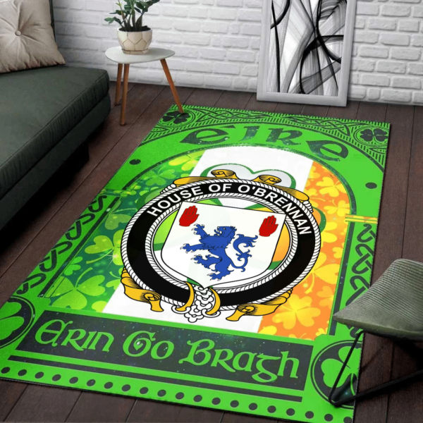 Ireland Area Rug - House of O'BRENNAN (Connacht) Family Crest Area Rug - Irish Shamrock With Ireland Flag