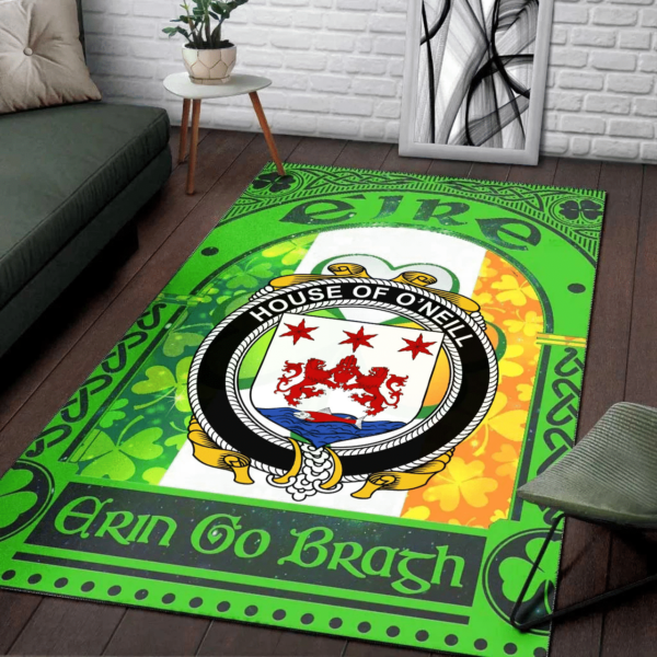 Ireland Area Rug - House of O'NEILL Family Crest Area Rug - Irish Shamrock With Ireland Flag