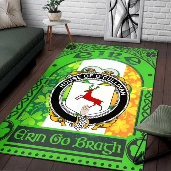 Ireland Area Rug - House of O'CULLINAN Family Crest Area Rug - Irish Shamrock With Ireland Flag