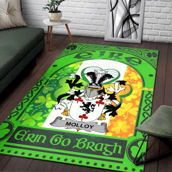 Ireland Area Rug - Molloy or O'Mulloy Family Crest Area Rug - Irish Shamrock With Ireland Flag