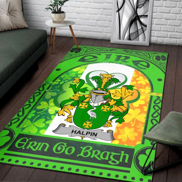 Ireland Area Rug - Halpin or O'Halpin Family Crest Area Rug - Irish Shamrock With Ireland Flag