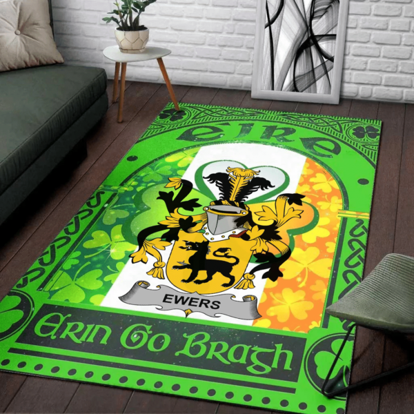 Ireland Area Rug - Ewers Family Crest Area Rug - Irish Shamrock With Ireland Flag