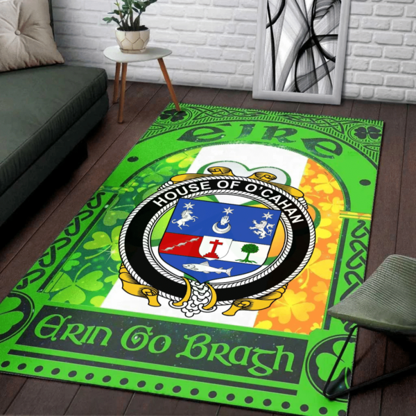 Ireland Area Rug - House of O'CAHAN (KEANE) Family Crest Area Rug - Irish Shamrock With Ireland Flag