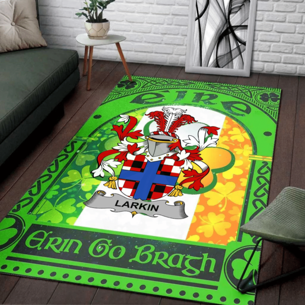 Ireland Area Rug - Larkin or O'Larkin Family Crest Area Rug - Irish Shamrock With Ireland Flag